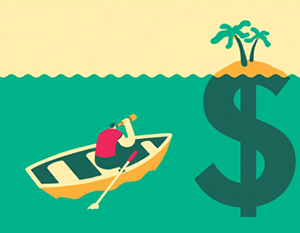 Man in rowboat rowing to view of mutual fund island of cash.