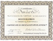 Trust and estate planning award certificate