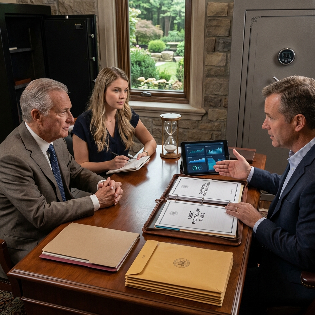 Father daughter listen to asset protection trust lawyers describe the best Probate Avoidance Strategies.