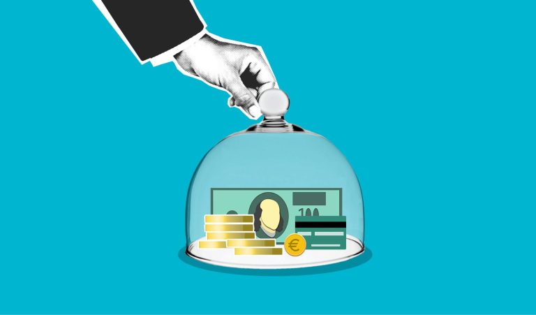 decorative cardboard illustration of person hand putting transparent dome on dollar banknotes and coins on blue background showing protect assets from lawsuit strategy for high-net-worth
