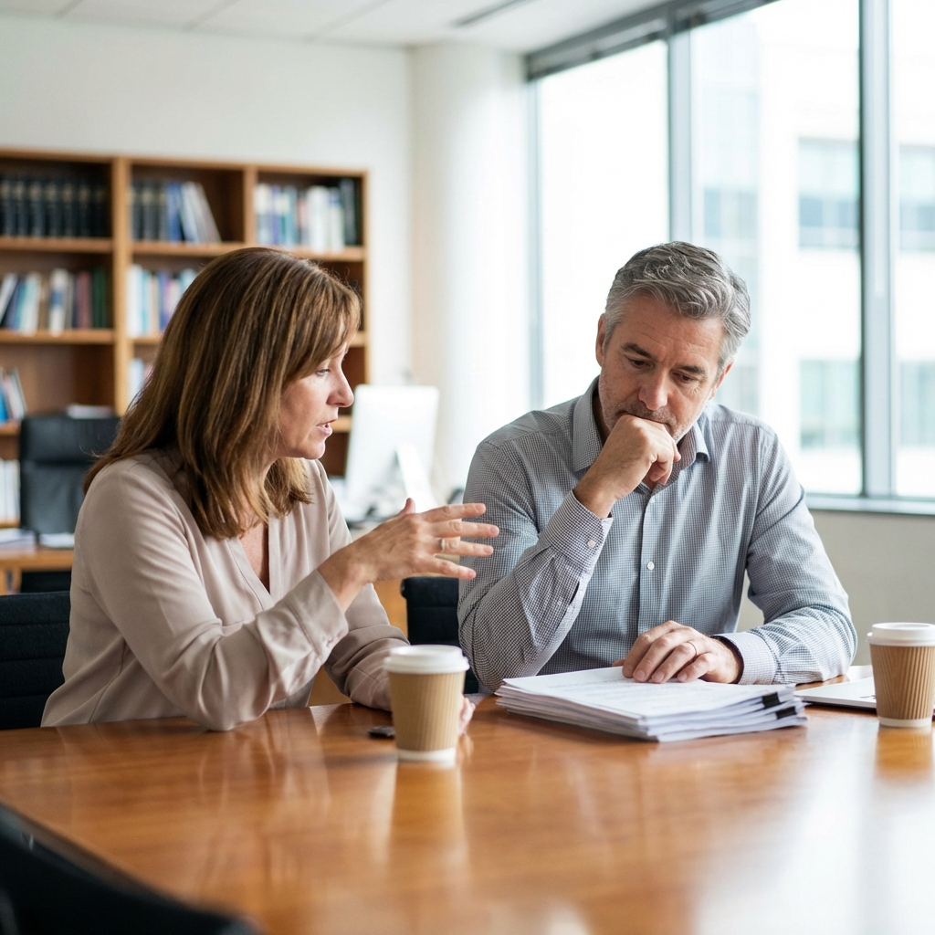 A judge reviewing irrevocable trust litigation documents in a courtroom during an asset protection trust lawsuit